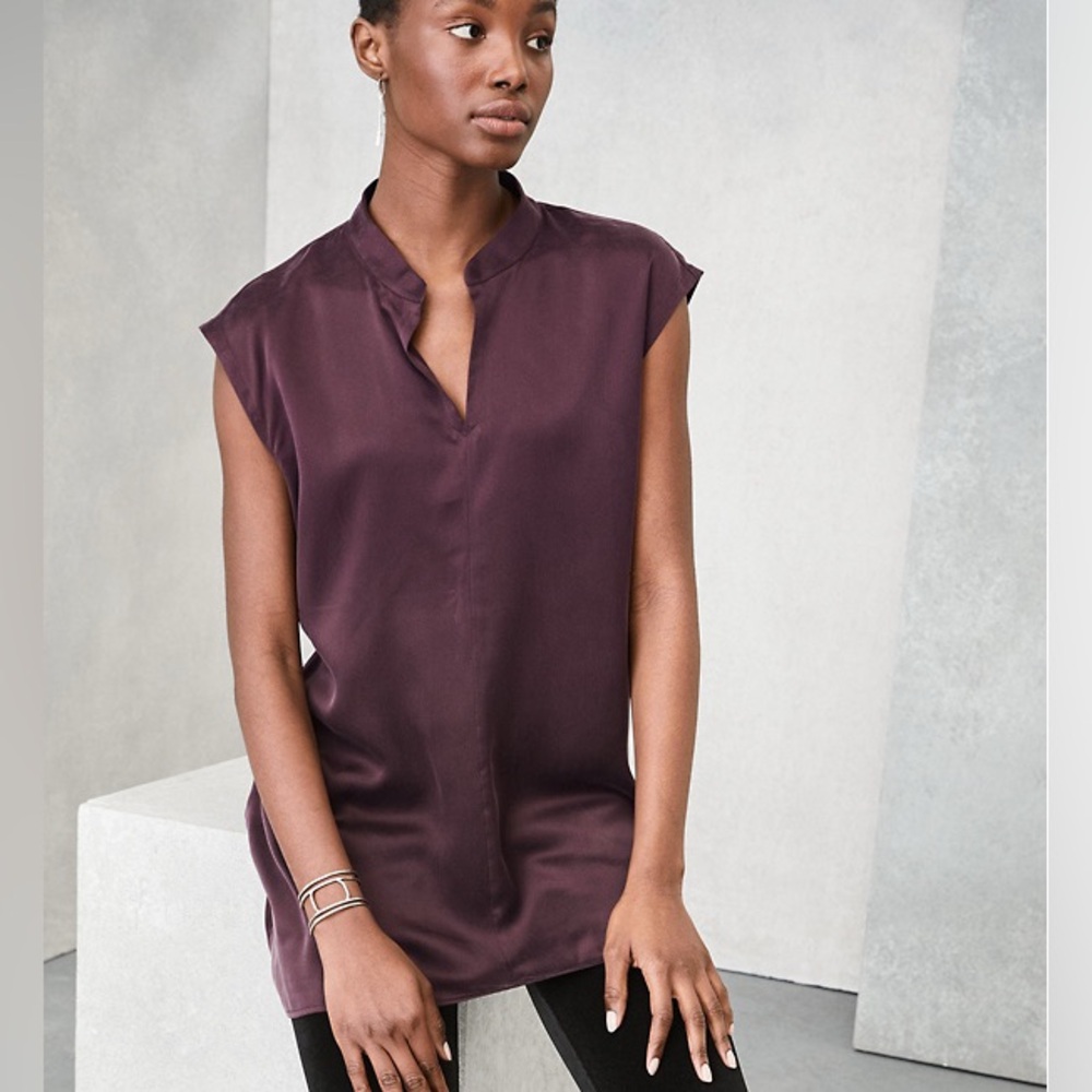 EILEEN FISHER Sand-Washed Silk Charmeuse Mandarin-Collar Tunic SizeXL Sleeveless